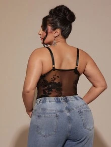 SHEIN BAE 大码女式黑色亮片性感连体衣，吊带上衣 - 黑色 - 查看 5