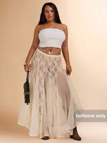 SHEIN BAE 大码女式黑色长款蕾丝透视半身裙，性感紧身A字裙，适合情人节、夏季、生日、正式场合 - 杏色 - 查看 3