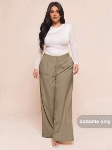 SHEIN BAE Quần dài nữ thời trang thu đông cỡ lớn, quần dài đơn giản, thanh lịch, hẹn hò, màu trơn, thường ngày, quần dài đen, quần dài nữ, quần dài giáo viên, trang phục công sở nữ, trang phục mùa thu nữ, thiết kế cạp chun hai lớp, ống rộng - Màu Khaki - Xem 6