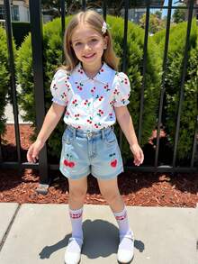 Girls' Cute Sweet Casual Vacation Puff Sleeve Cherry Print Shirt, Suitable For Summer, Vacation, Casual Wear - Multicolor - View 3