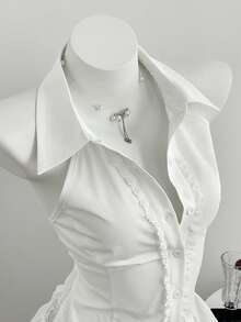 Elamini Women's Collared Sleeveless Lace Patchwork A-Line Babydoll Shirt, Spring/Summer - White - View 1