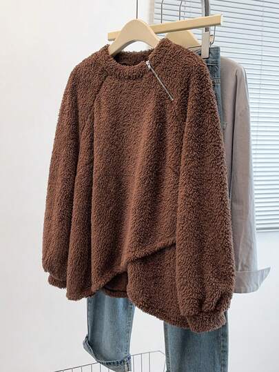 SHEIN LUNE Sudadera oversize, manga larga, unicolor, cuello medio alto, lana de cordero, corte holgado y estilizador, casual, para mujer, otoño/invierno