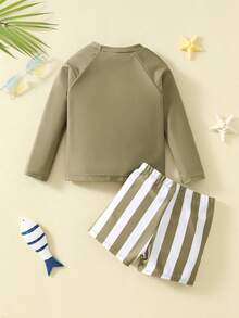 SHEIN Bubblio 2件套男婴夏季休闲度假绿色长袖泳衣和条纹泳裤套装，适合海滩、泳池、水疗中心穿着。 - 彩色 - 查看 2