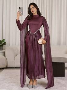 Modelyn 女士纯色网纱拼接立领优雅阿拉伯连衣裙 - 紅木色 - 查看 8