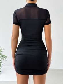 SHEIN EZwear 大码女式立领短袖网纱拼接连衣裙，夏季穿着