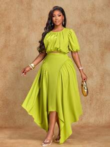 Brilight Bộ đồ hai mảnh kiểu dáng nghỉ mát biển dành cho nữ, gồm áo tay phồng nhún eo và chân váy maxi xếp ly bất đối xứng, hoàn hảo cho đi làm, nghỉ mát, lễ hội âm nhạc, câu lạc bộ và trường học. - màu xanh lá - Xem 3