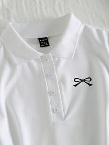 Elamini 女士蝴蝶结印花短袖 Polo 领休闲连衣裙 - 白色 - 查看 5