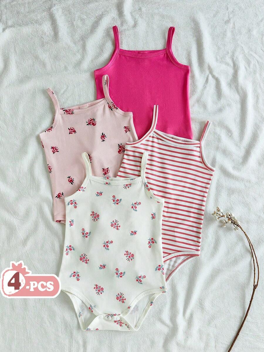 SHEIN 4 Pieces Cute Pattern Summer Sleeveless Bodysuit Suit Set For Baby Girls - Multicolor - View 1