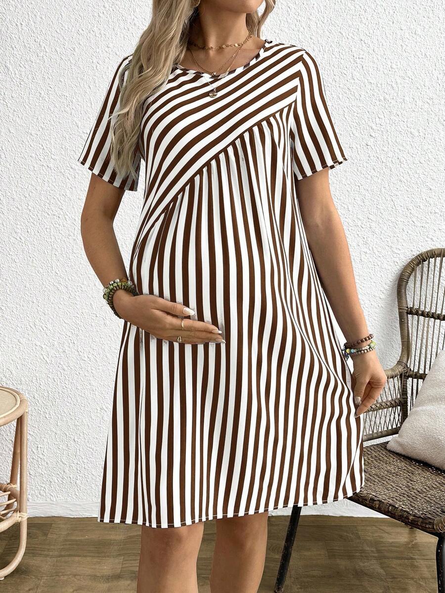 Boho Mama 孕妇条纹圆领短袖连衣裙 - 咖啡 - 查看 1