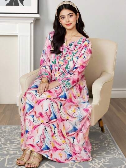 SHEIN 少女休闲度假碎花V领长袖连衣裙