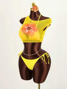 Zestiva 三件套女士泳衣套装，纯色比基尼搭配网纱印花罩衫，适合海滩、泳池、休闲派对、度假、春夏穿着。 - 黃色 - 查看 3