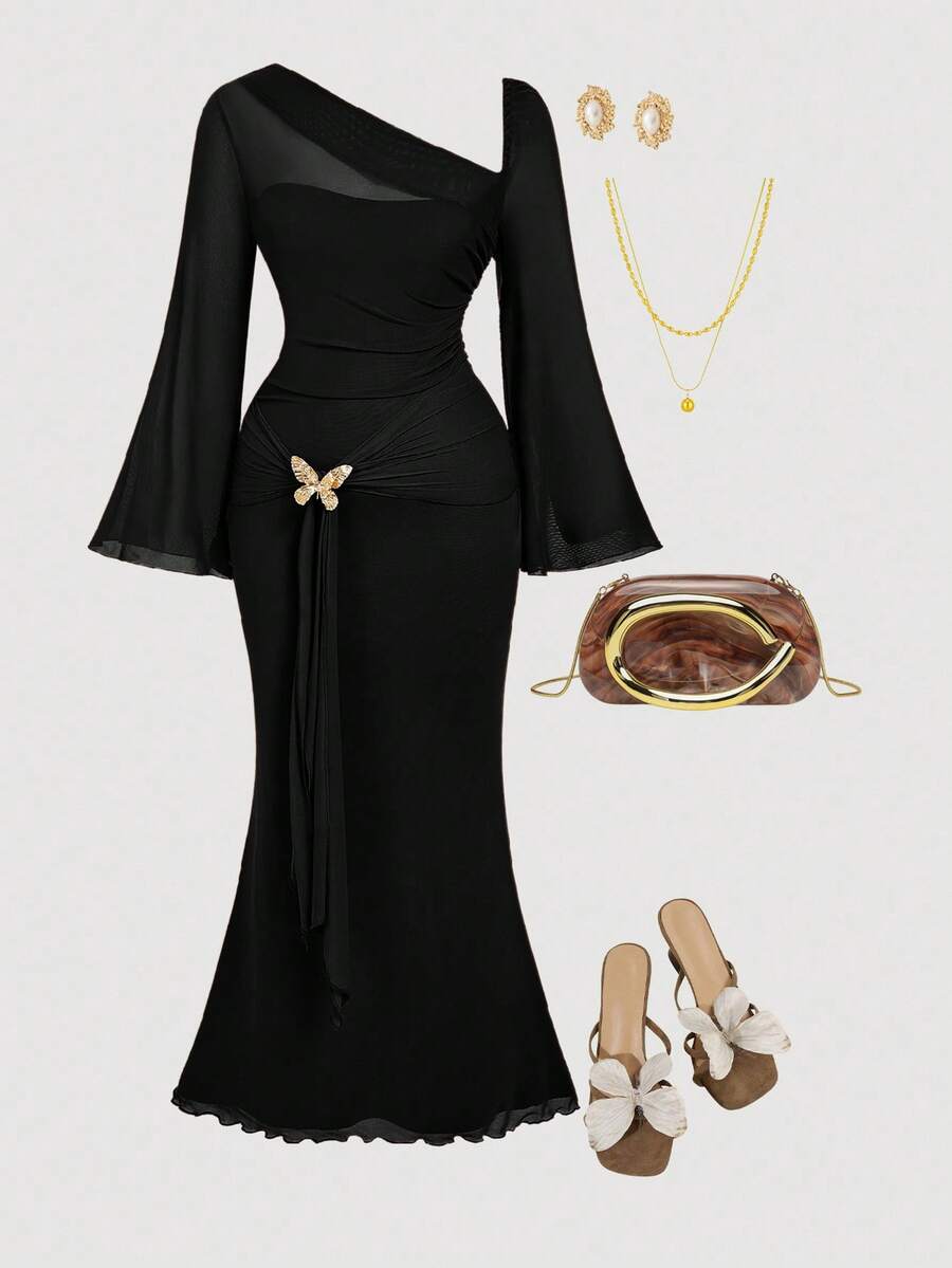 SHEIN MOD Plus Size Asymmetric Shoulder Flare Sleeve Brown Dress With Bowknot Metal Buckle Fishtail Hem - Black - View 1