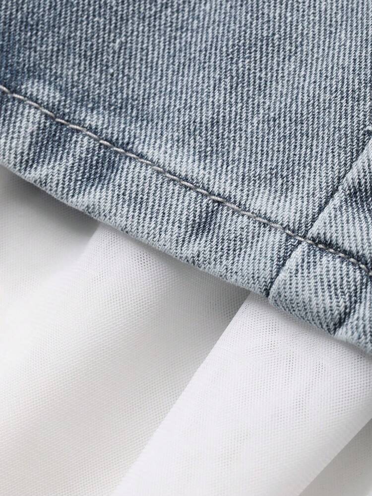 Young Girls Contrast Color Ruffle Pleated Patchwork Fresh Casual Denim Mini Skirt, Summer Spring