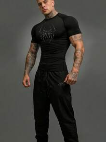 GymBeat Men's Spider Print T-Shirt And Pants Sports Suit Short Sleeve Workout Set Matching Athletic Set Gym Clothes Men Set Compression Shirt Active Wear Gym Set Workout Set Compression Shirt Men - Black - View 3