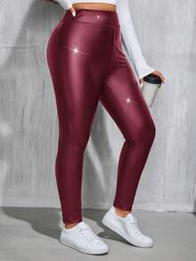 SHEIN Essnce Quần legging da PU co giãn màu đen, lót giữ nhiệt, thời trang thường ngày cho nữ cỡ lớn mùa thu đông, quần nữ, trang phục mùa đông, quần ôm dáng, thời trang đường phố, quần da, quần legging lông cừu, quần legging lót giữ nhiệt, quần legging ấm áp, quần tất nữ. - Màu Đỏ Sâu - Xem 4