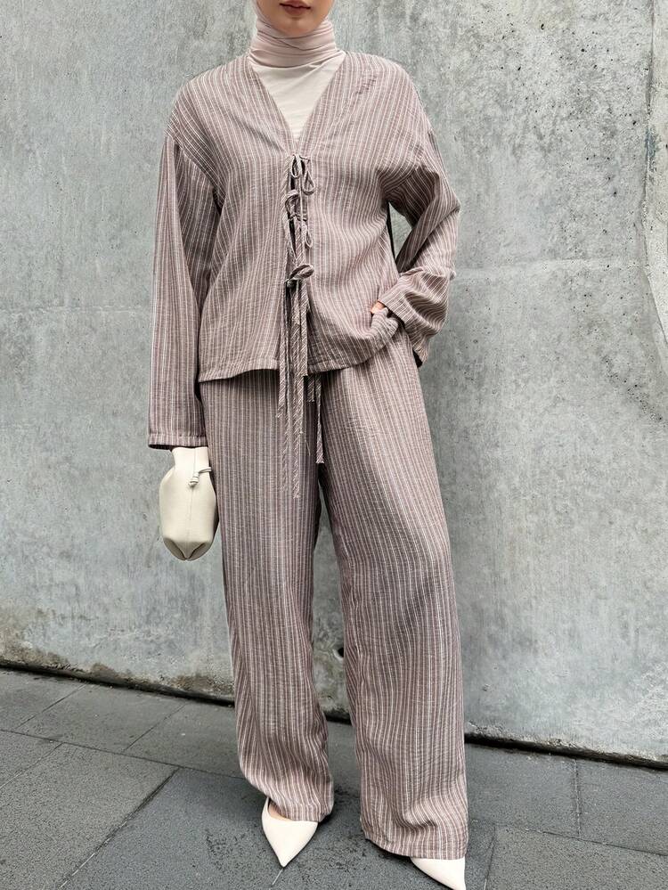 2pcs Women Solid Color Minimalist Long Sleeve Top And Pants Set, Casual Everyday Wear
