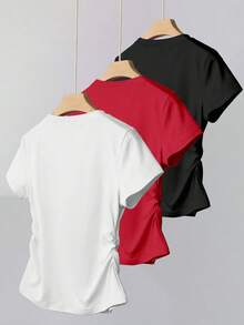 SHEIN مجموعة 3 قطع قميص كروب ضيق بألوان سادة للفتيات المراهقات - متعدد الألوان - مشاهدة 2