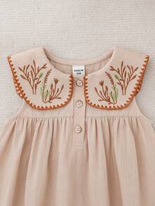 Babygirl Cute Loose Floral Pattern Coffee Color Peter Pan Collar Dress,Kids - Multicolor - View 3