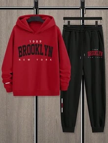 Manfinity Homme 男士纽约标语印花休闲卫衣和运动裤两件套，秋冬男装 - 彩色 - 查看 4