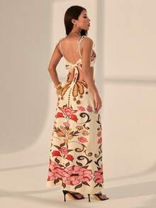 SHEIN PETITE Đầm maxi nữ phong cách Boho nhiệt đới, họa tiết cây dừa và hoa nhiều màu sắc, không tay, thắt eo, thích hợp cho kỳ nghỉ. - Nhiều màu - Xem 3
