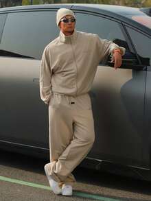 DAZY Solid Color Khaki Patch Design Men's Pullover Pullover Sweatshirt Set, Spring/Autumn