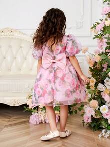 Elladie kids 女童碎花印花薄纱泡泡袖连衣裙，后背拉链设计，饰有优雅蝴蝶结，适合派对、生日、表演等场合，尽显公主风范。 - 粉色 - 查看 2