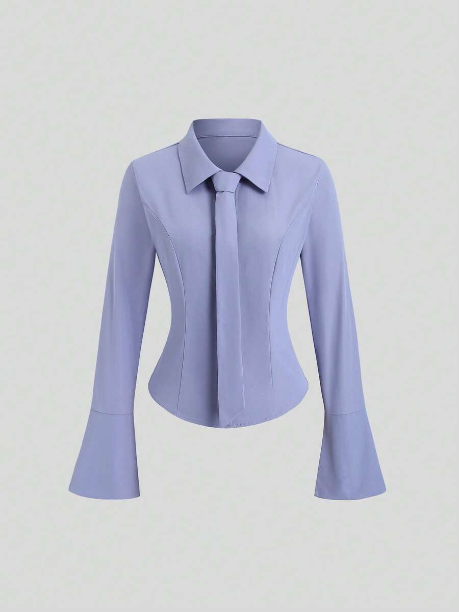 SHEIN Sweetro 街头风女式系领收腰长袖衬衫 - 霧霾藍 - 查看 1