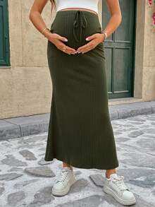 SHEIN 纯色蝴蝶结抽绳孕妇裙 - 軍綠色 - 查看 4