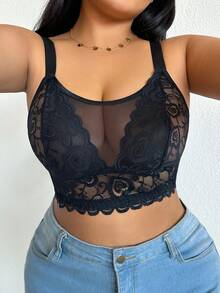 DesireSculpt 1 pieza Sujetador inalámbrico transparente con aplicaciones de encaje para tallas grandes - Negro - Ver 1