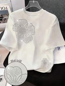 Resyla 法式夏季上衣，女士白色T恤，女士水钻T恤，白色户外T恤，亮面T恤，夏季上衣，白色百搭时尚上衣，宽松T恤，夏季户外白色T恤 - 白色 - 查看 1