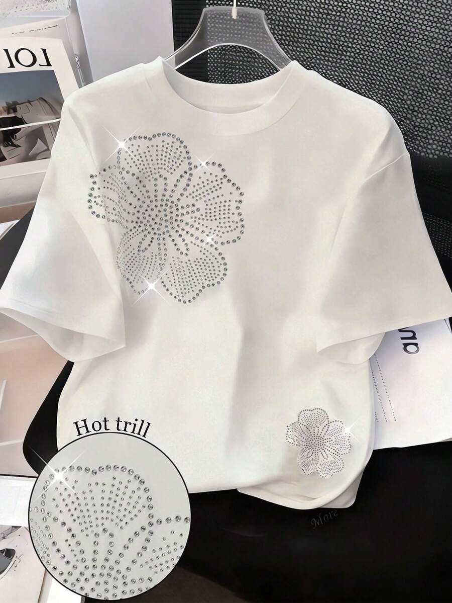 Resyla 法式夏季上衣，女士白色T恤，女士水钻T恤，白色户外T恤，亮面T恤，夏季上衣，白色百搭时尚上衣，宽松T恤，夏季户外白色T恤 - 白色 - 查看 1