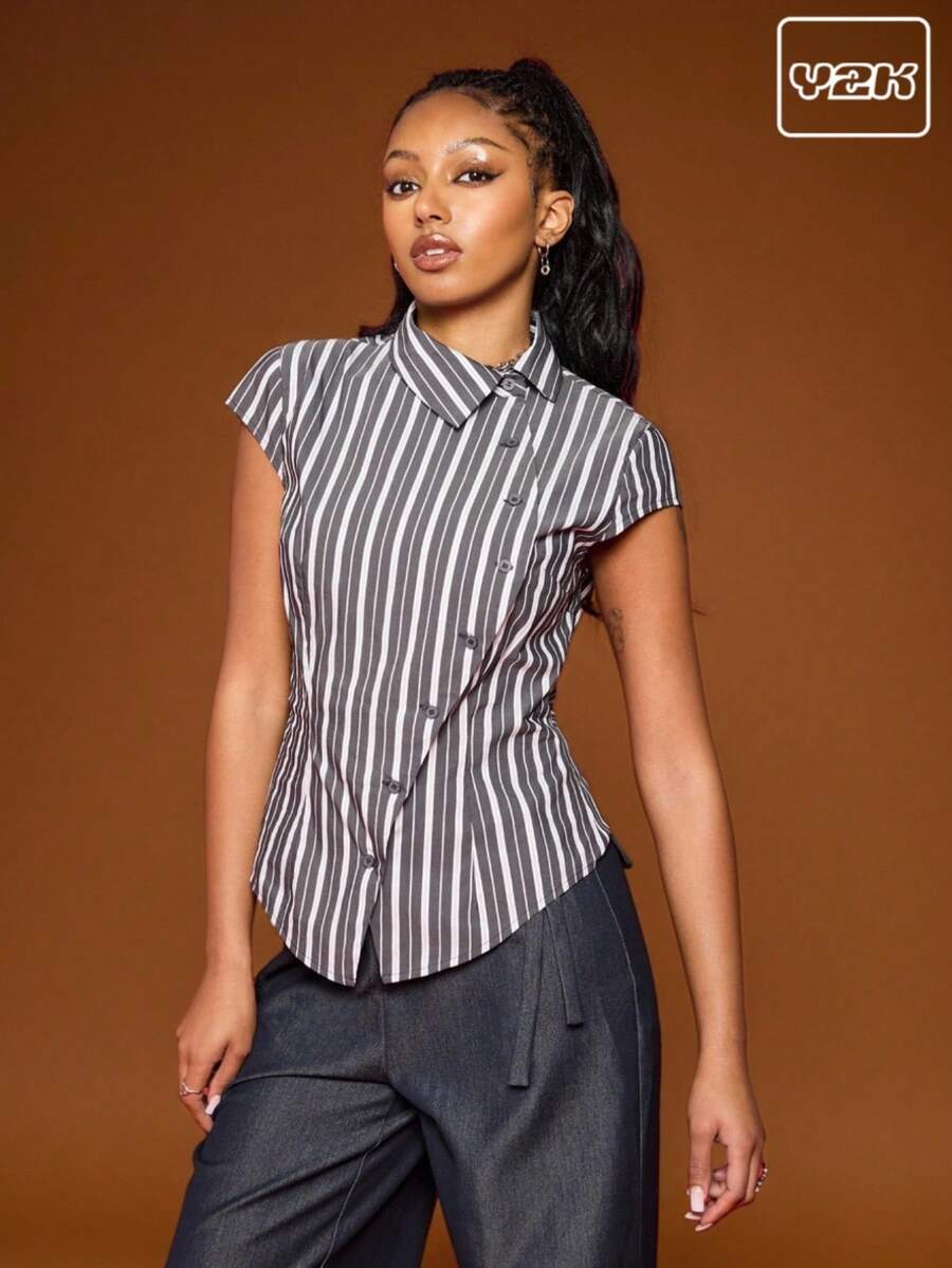 COUREZ 短袖不对称修身条纹衬衫 Y2K 春季性感外出上衣休闲街头风 - 黑色 - 查看 1