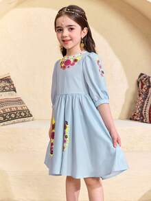 SHEIN Vestido casual de gasa con cuello redondo y estampado floral pequeño para niña, apto para uso diario, festivales, reuniones familiares y ocasiones especiales, primavera y verano, perfecto para vacaciones - Azul - Ver 5