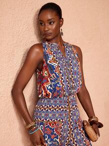 JIAN LASALA All-Over Print Button Front Sleeves Elastic Waist Layered Ruffled Long Jumpsuit Women Casual - Multicolor - View 7