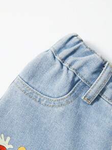 SHEIN Quần jean ống đứng dáng rộng màu xanh nhạt họa tiết động vật dễ thương dành cho bé gái mới biết đi, phù hợp mặc hàng ngày và mùa tựu trường - Rửa nhẹ - Xem 3
