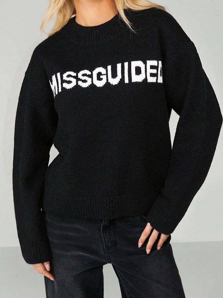 MISSGUIDED Chunky Knit Pullover Sweater With Bold Letter Print Long Sleeve Crew Neck Winter Fall Casual