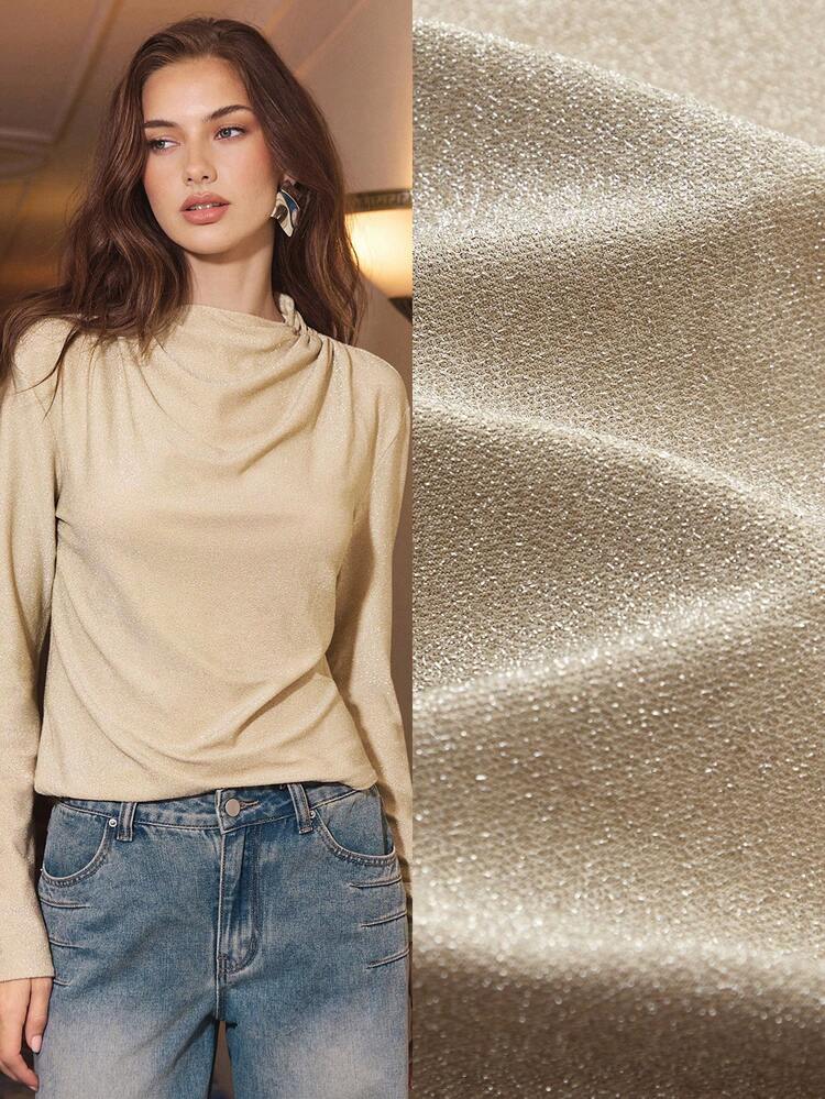 SHEIN Maija Women's Solid Color Drop Shoulder Long Sleeve Loose Casual Versatile Simple Blouse Solid Color Tops Turtle Neck Top Tan Tops Women Mock Neck Top New Year Women