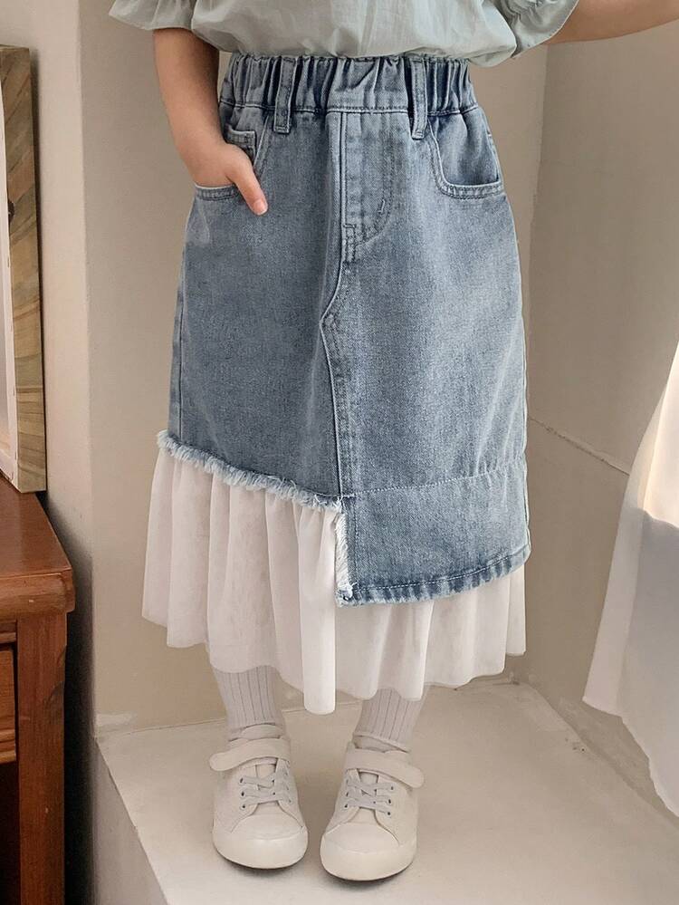 Young Girls Contrast Color Ruffle Pleated Patchwork Fresh Casual Denim Mini Skirt, Summer Spring