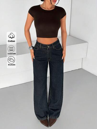 EURMUSE 100%Cotton Casual High Waist Wide Leg Blue Jeans With Pockets