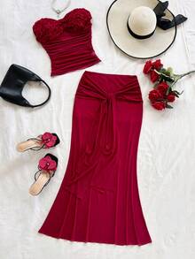 Soleia Women's Romantic Vacation Rose Textured Fabric Patchwork Mesh Bustier Top And Mesh Draped Tie Waist Maxi Skirt Set, Casual, Date Night, Nightclub, Afternoon Tea, Beach, Cruise, City Vacation, Music Festival, Party, Boho, Music Festival, Hippie, Western, Daily Commute, Red Skirt Set, Rose Set - Burgundy - View 1