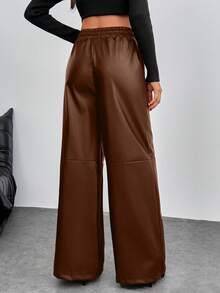 EURMUSE Solid Color, Pu Leather, Elastic Waist, Drawstring, Straight Fit Pants - Brown - View 2