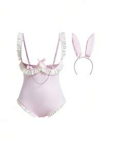 Fantasy Costume Cute Pink Plain Sleeveless Slip Dress Lingerie Bunny Costume With Rib-Knit Details - Pink - View 5