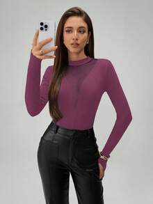 SHEIN Tall 女士时尚透视网纱拼接长袖连体衣 - 紫丁香色 - 查看 5