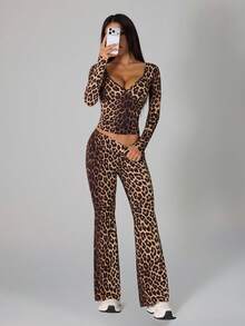 SHEIN PETITE 2 Pieces Women Leopard Print Casual Top And Pants Set Leopard Set - Brown - View 11