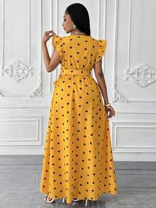 Maweii Plus Size Women V-Neck Waist Flare Dress, Butterfly Sleeve With Belt, Black And White Vertical Striped Dress - Yellow - View 2