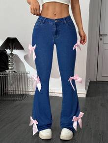 SHEIN PETITE Damen Jeans mit tailliertem Glockenrock und Schleifen-Dekor - Dunkle Waschung - Übersicht 3