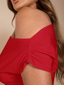 SHEIN BAE Plus Size Women's Solid Color Asymmetrical Neck Batwing Sleeve Casual T-Shirt, Summer - Red - View 6