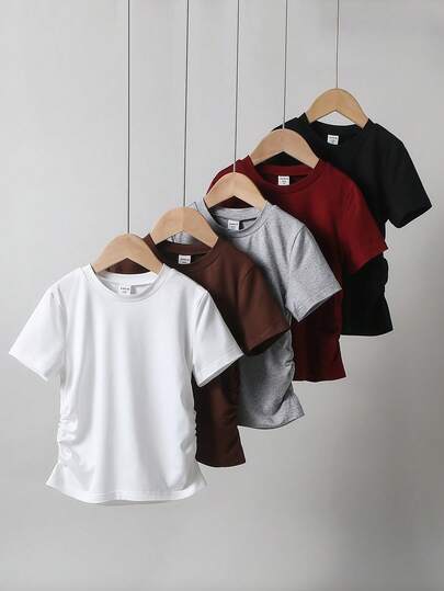 5件/套 女童夏季纯色短袖T恤，侧边褶皱设计，弹性领口，舒适百搭，适合夏季穿着