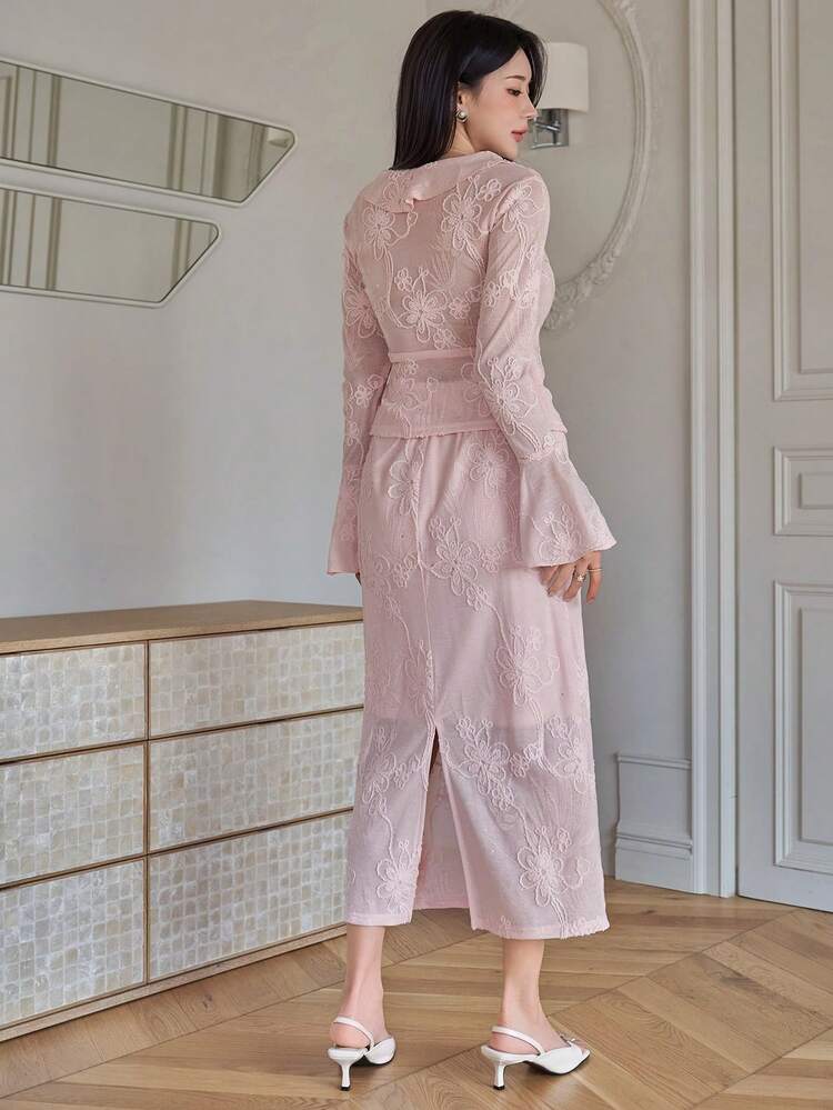 Women's Floral Textured Patchwork Ruffle Trim Flare Sleeve Top And Midi Skirt Elegant 2-Piece Set