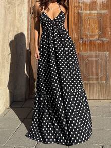Sunnyshic Women's Black Polka Dot Deep V-Neck Halter Backless Tie Waist Maxi Dress, Sexy & Elegant European Style, Suitable For Spring/Summer Beach Vacation - Black - View 6